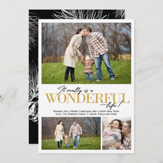 Cartes Pour Fêtes Annuelles Merveilleuse Vie 3 PH lettres d'or | (Devant / Derrière)