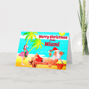 Cartes Pour Fêtes Annuelles Miami Joyeux Noël Père Noël et Flamant rose Beach