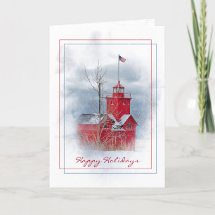 Cartes Pour Fêtes Annuelles Michigan Red Lighthouse In Snow Holiday Card