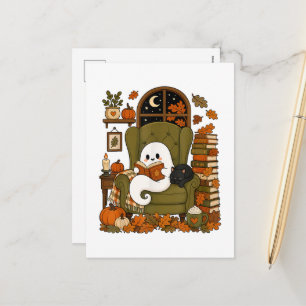 Cartes Pour Fêtes Annuelles Mignon fantôme lisant un livre Chat noir Automne C