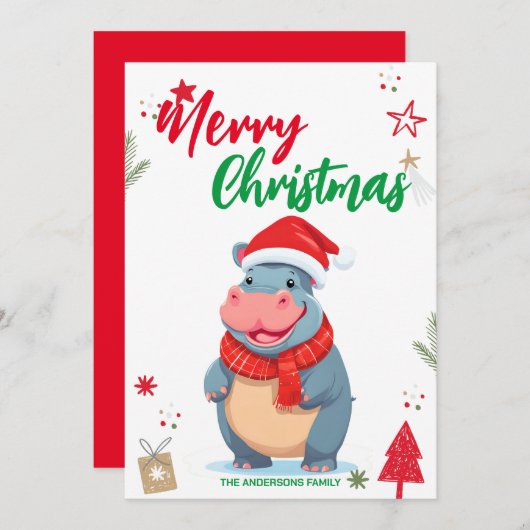Cartes Pour Fêtes Annuelles Mignon Hippo sapin de Noël Fêtes Nom des femmes (Devant / Derrière)