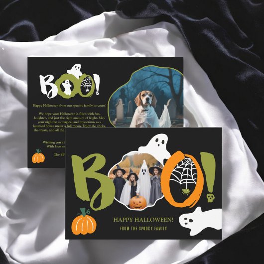 Cartes Pour Fêtes Annuelles Mignon Vert moderne Boo fantômes 2 photos Hallowee