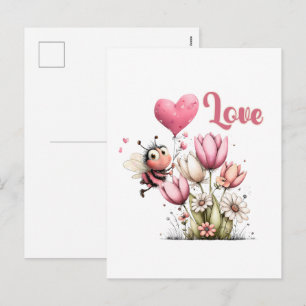 Cartes Pour Fêtes Annuelles Mignonne abeille amour cœur et floral 