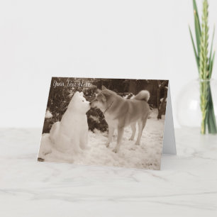 Cartes Pour Fêtes Annuelles mignonne akita embrasser le chien de neige bonhomm