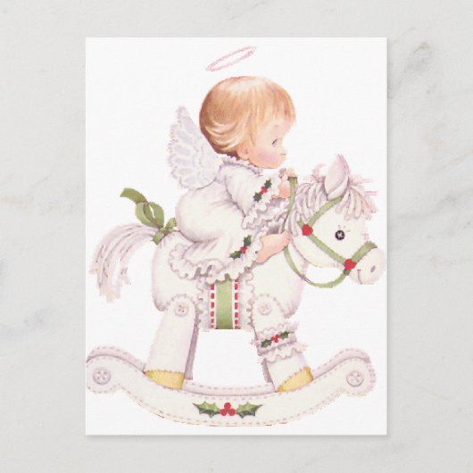 Cartes Pour Fêtes Annuelles Mignonne Ange sur un Cheval Rocse de Noël blanc (Devant)