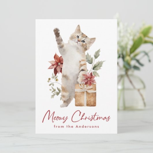 Cartes Pour Fêtes Annuelles Mignonne Chat Meowy Noël Non Photo (Debout devant)
