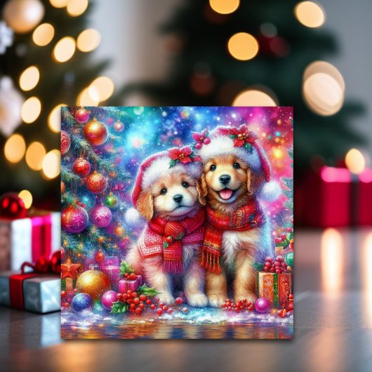 Cartes Pour Fêtes Annuelles Mignonne Noël Golden Retriever Puppies Christian