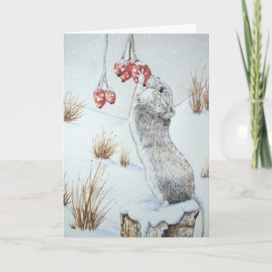 Cartes Pour Fêtes Annuelles Mignonne souris rouge baies neige scène faune (Devant)