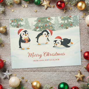 Cartes Pour Fêtes Annuelles Mignons Manchots à l'aquarelle Forêt de Noël