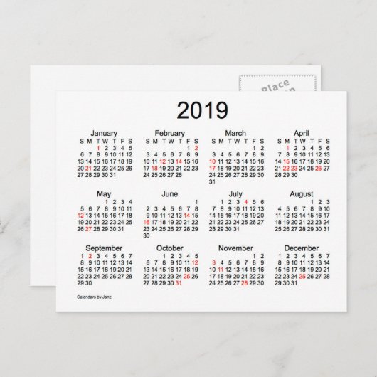 Cartes Pour Fêtes Annuelles Mini calendrier 2019 avec jours fériés (Devant / Derrière)