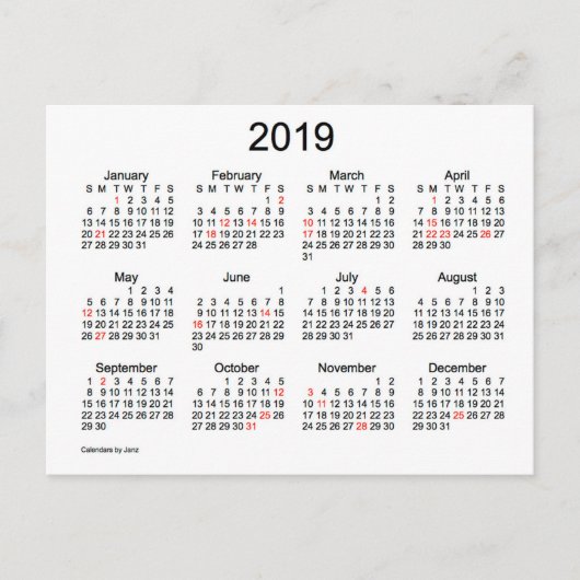 Cartes Pour Fêtes Annuelles Mini calendrier 2019 avec jours fériés (Devant)
