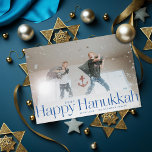 Cartes Pour Fêtes Annuelles Mini Joyeux Hanoukka Holiday Photo Bleu clair<br><div class="desc">Hanoukka simple heureux en lettres serif avec signature année et famille. Ajoutez votre propre message ou des photos supplémentaires à l'arrière.</div>