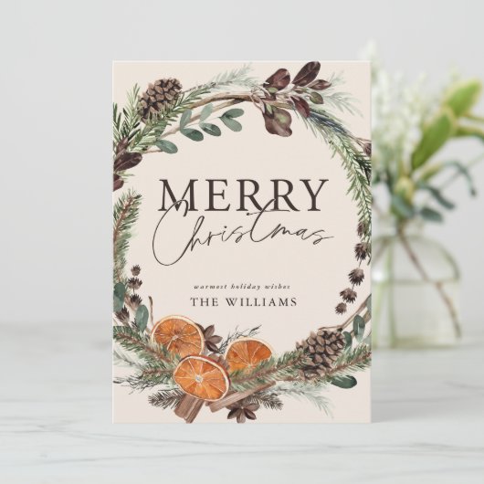 Cartes Pour Fêtes Annuelles Mini moderne Citrus Wreath Script Noël (Debout devant)