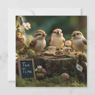 Cartes Pour Fêtes Annuelles Miniatures de figurines d'oiseaux ayant un thé dan