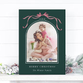 Cartes Pour Fêtes Annuelles Minimal Deep Blush Pink Bow Christmas Photo Green