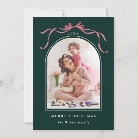 Cartes Pour Fêtes Annuelles Minimal Deep Blush Pink Bow Christmas Photo Green (Devant)