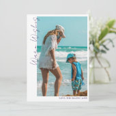 Cartes Pour Fêtes Annuelles Minimal Purple Warm Wishes Two Beach Family Photo (Debout devant)