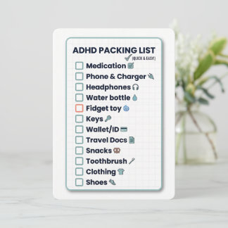 Cartes Pour Fêtes Annuelles Minimalist ADHD Packing List Travel Checklist Card