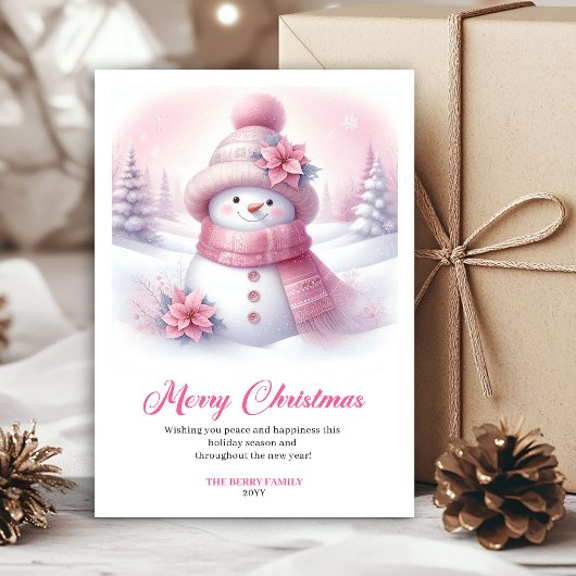 Cartes Pour Fêtes Annuelles Minimalist Pink Snowman Kids Editable Christmas