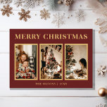 Cartes Pour Fêtes Annuelles Minimaliste classique Noël rouge Trois photos<br><div class="desc">Cette carte de vacances minimaliste de noël rouge trois photo présente un design moderne et minimaliste qui est à la fois élégant et simple. Que vous préfériez un style classique, traditionnel ou plus contemporain, avec typographie or sur un arrière - plan rouge, vous trouverez la carte parfaite pour célébrer la...</div>