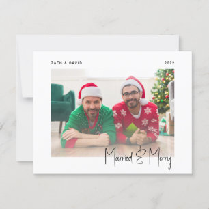 Cartes Pour Fêtes Annuelles Minuscule photo mariée et joyeux script noir LGBTQ
