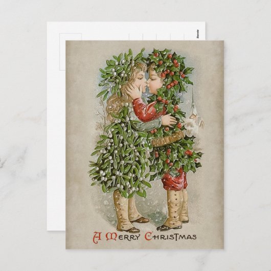 Cartes Pour Fêtes Annuelles Mistletoe fille et saint garçon baiser CC0784 Noël (Devant / Derrière)