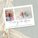 Cartes Pour Fêtes Annuelles Modern 2 Photo Collage Bébé Jumeaux Premier Noël<br><div class="desc">Famille 2 Photo Collage Baby Twins First Christmas Card. Remplacez simplement les deux exemples de photos par les vôtres et personnalisez avec votre salutation et vos noms en bas. Joyeux Noël est dans un script stylé. Aussi disponible en téléchargement numérique imprimable.</div>