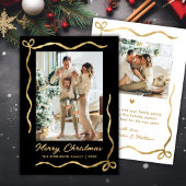 Cartes Pour Fêtes Annuelles Modern Black and Gold Bow 2 Photo Merry Christmas