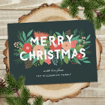 Cartes Pour Fêtes Annuelles Modern Bold Floral Joyeux Noël Nom de famille<br><div class="desc">Envoyez de magnifiques salutations de Noël personnalisées avec cette carte élégante, avec divers éléments floraux dessinés à la main (pin, fleurs, bourgeons, pinecones, feuilles et sprigs). La typographie moderne dit "Joyeux Noël" en blanc, et les éléments feuillus sont disposés ci-dessous, avec quelques éléments au-dessus du texte. Les modèles de texte...</div>