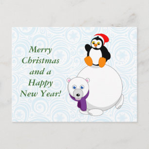 Cartes Pour Fêtes Annuelles Modern cartoon of a penguin riding a polar bear,