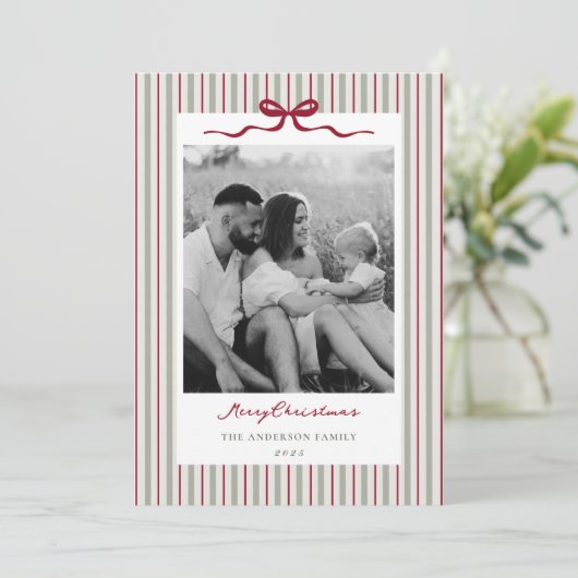 Cartes Pour Fêtes Annuelles Modern Classic Bow and Stripes Two Sided Photo (Debout devant)