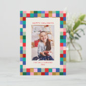 Cartes Pour Fêtes Annuelles Modern Colorful Checkered Border Family Photo (Debout devant)
