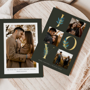 Cartes Pour Fêtes Annuelles Modern Green Joy Gold Leaves 4 Photo