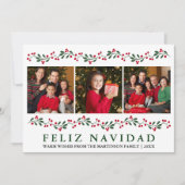 Cartes Pour Fêtes Annuelles Modern Greenery Berries Feliz Navidad 3 Photo (Devant)