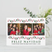 Cartes Pour Fêtes Annuelles Modern Greenery Berries Feliz Navidad 3 Photo (Debout devant)