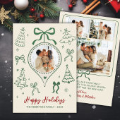 Cartes Pour Fêtes Annuelles Modern Hand-Drawn Green Bows Photo Christmas Happy