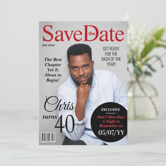 Cartes Pour Fêtes Annuelles Modern Magazine Anniversaire Enregistrer la date I (Debout devant)
