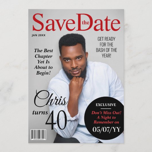 Cartes Pour Fêtes Annuelles Modern Magazine Anniversaire Enregistrer la date I (Devant)