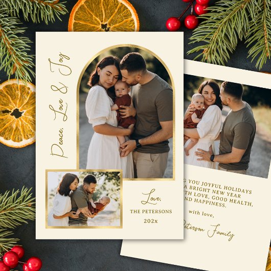Cartes Pour Fêtes Annuelles Modern Peace Love Joy Script Gold Arch 3 Photo 