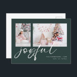Cartes Pour Fêtes Annuelles Moderne 2 Photo Joyeux Script Noël Vert<br><div class="desc">Moderne 2 Photo Joyeux Script Noël Vert foncé. Remplacez simplement les deux exemples de photos par vos propres et personnalisez-les avec vos noms. Joyful est dans un jeu élégant script set en blanc qui peut être changé en une autre couleur si vous le souhaitez.</div>