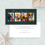 Cartes Pour Fêtes Annuelles Moderne 4 photo Collage de photos Noël vert<br><div class="desc">4 Photos White Script Dark Green Joyeux Noël. Disponible numériquement et imprimé. Moderne et minimaliste,  avec un script stylé pour Joyeux Noël. Remplacez les exemples d'images par vos propres images amusantes et personnalisez le reste des mots de chaque côté,  selon vos besoins.</div>
