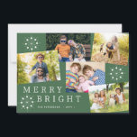 Cartes Pour Fêtes Annuelles Moderne 5 photo collage flocons de neige vert Noël<br><div class="desc">Simple design tendance 5 photos personnalisées typographie chic et flocons de neige blanc Merry & Bright modèle de carte de vacances vert forêt. Facile à personnaliser avec vos photos et votre nom de famille.</div>