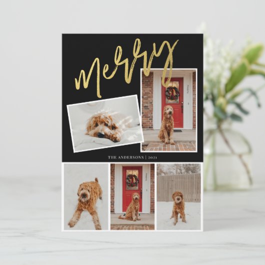 Cartes Pour Fêtes Annuelles Moderne 5 Photo Or Joyeux Script Photo (Debout devant)