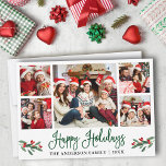 Cartes Pour Fêtes Annuelles Moderne Amusement Vert Calligraphie 5 Photo<br><div class="desc">Calligraphie moderne Script 5 Photo Famille Photo Collage Happy Holidays Card inclut Watercolor Christmas Holly Berries - Vert</div>