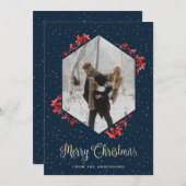 Cartes Pour Fêtes Annuelles Moderne Bleu Neige Rouge Berries Photo Noël (Devant / Derrière)