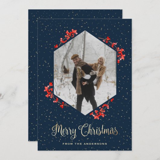Cartes Pour Fêtes Annuelles Moderne Bleu Neige Rouge Berries Photo Noël (Devant / Derrière)