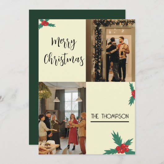 Cartes Pour Fêtes Annuelles Moderne Chic Holly Berries Joyeux Noël 2 Photo (Devant / Derrière)