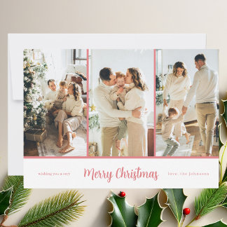 Cartes Pour Fêtes Annuelles Moderne Élégant 3 Photo Script Rose