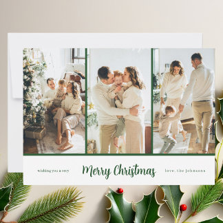 Cartes Pour Fêtes Annuelles Moderne Élégant 3 Photo Script Vert