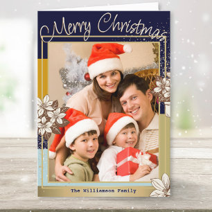 Cartes Pour Fêtes Annuelles Moderne Fleur Bleue Or Photo Joyeux Noël